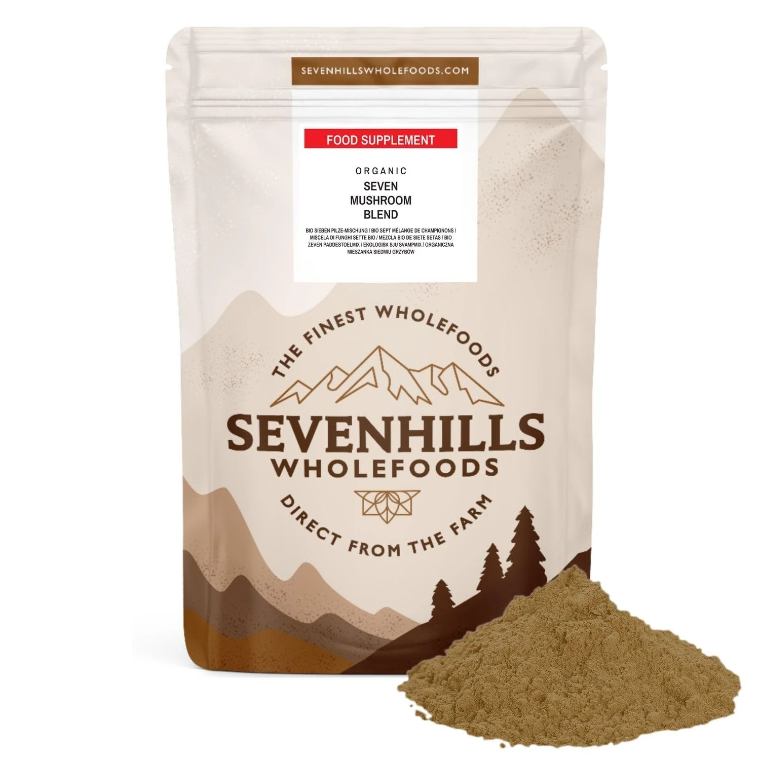 Organic 7 Mushroom Blend Powder 200g with Lion's Mane, Reishi, Chaga, Cordyceps, Tremella, Maitake & Shiitake by Sevenhills Wholefoods