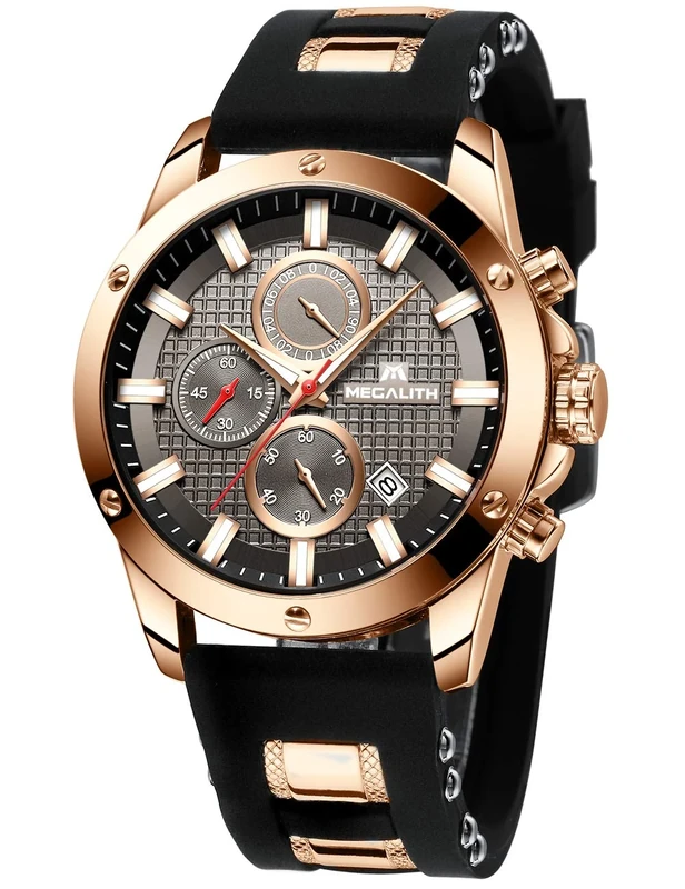 MEGALITH Mens Watches Men Chronograph Waterproof Sports Black Designer Large Face Luminous Date Wrist Watch Fashion Rubber Blue Analogue Quartz Watches for Man