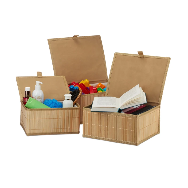 Relaxdays Set of 3 Bamboo Storage Baskets, Storage Boxes with Lid, Bamboo Container, Decorative Storage, Natural