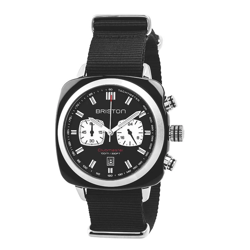BRISTON - Clubmaster Sport Acetate - Chronograph Black Dial, Black Strap, Black, Black, Strap