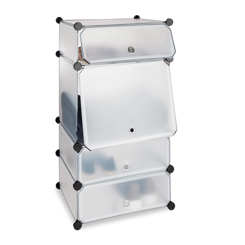 Relaxdays Plastic Shoe Cabinet, 4 Compartment Shoe Rack, Modular Shelf, H x W x D: 91 x 49 x 36.5 cm, Transparent