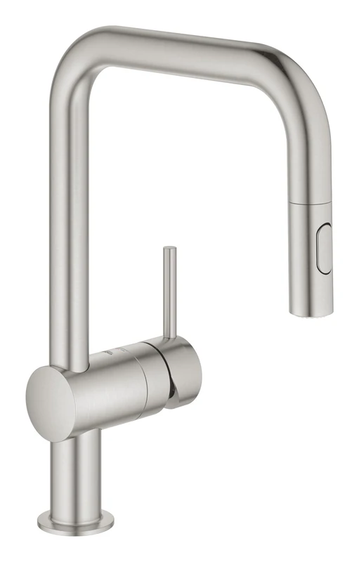 GROHE Minta - Single Lever Kitchen Mixer Tap with Pull-Out Spray (2 Spray Options, High U-Spout, 360° Swivel Range, 46 mm Ceramic Cartridge, Easy to Install, Tails 3/8 Inch), Supersteel, 32322DC2