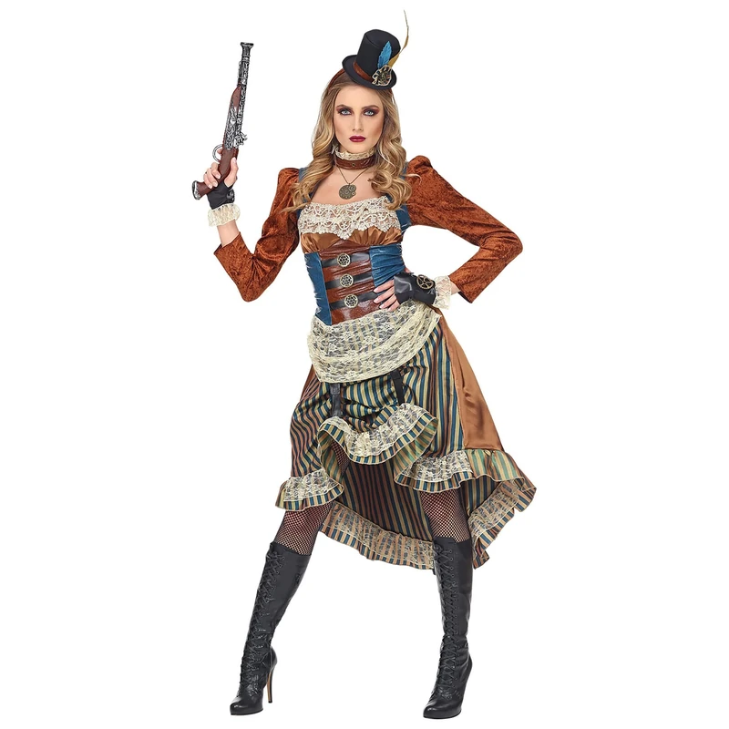 Widmann - Steampunk costume, tailcoat with shirt and vest, trousers, ascot, fingerless gloves, hat, theme party, carnival