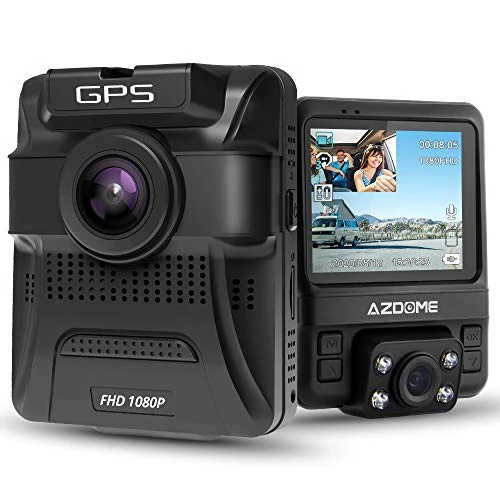 AZDOME Dual Lens Dash Cam Built-in GPS 1080P Front 720P Interior 2.4" Screen Dashboard Camera Recorder 170° Angle, Night Vision, G-Sensor, Loop Recording,Parking Guard,Motion Detection for Uber Lyft