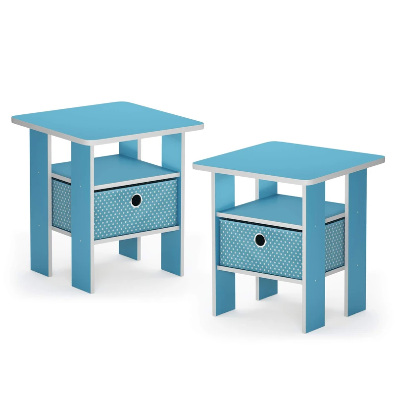 Furinno Andrey End Table Nightstand with Bin Drawer, Light Blue, Set of 2