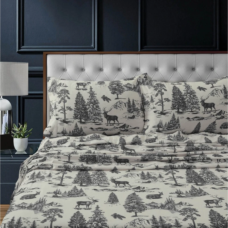 Tribeca Living Flannel Sheets Twin XL Size - 100% Cotton Flannel Sheet Set, 200 GSM Deep Pocket Twin XL Flannel Sheets, 3 Piece Ultra Soft Brushed Cotton Flannel Sheet in Deer Toile Charcoal Print