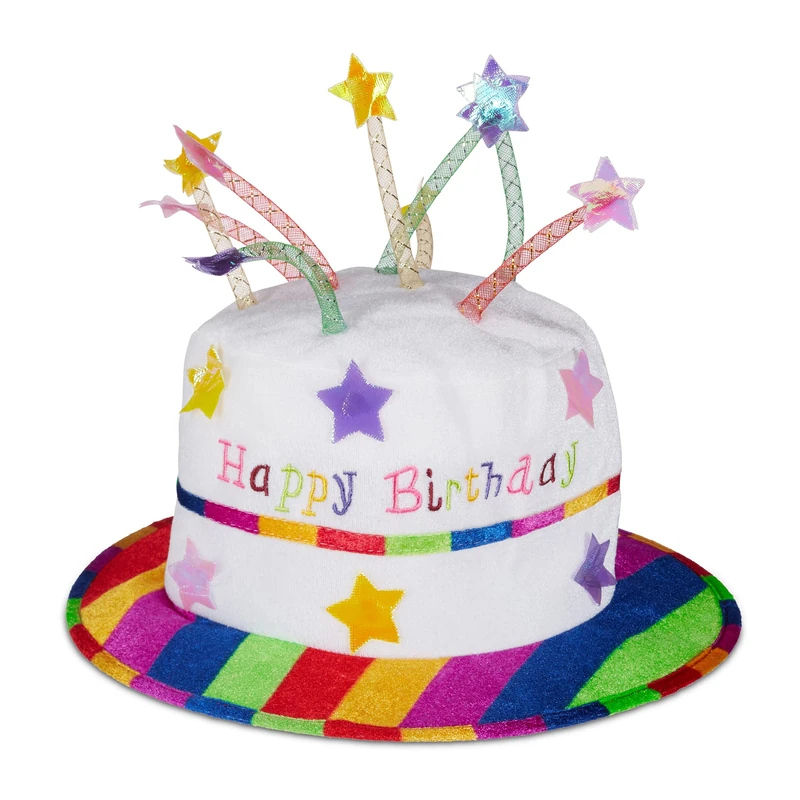 Relaxdays Happy Birthday Cake Hat, Party Hat with Candles, Cake Shape, Fabric Hat