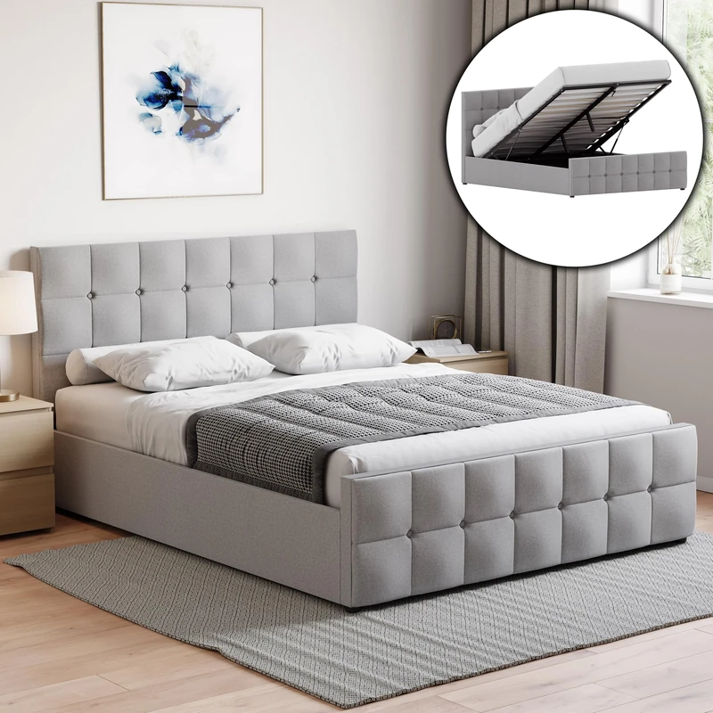 Vida Designs Valentina King Size Ottoman Bed – 5ft Bed Frame with Modern Lift-Up Storage, Upholstered Fabric Headboard, Light Grey Linen, Bedroom Furniture (UKFR Certified)