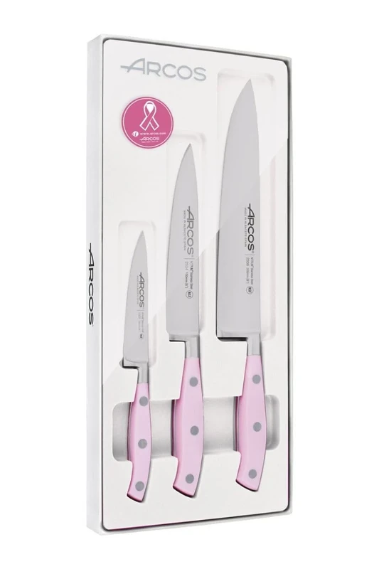 Arcos Forged Professional Kitchen Knives Set, 3 Cooking Knives for Cutting and Peeling Food, Ergonomic Polyoxymethylene Handle, Series Riviera, Color Rose
