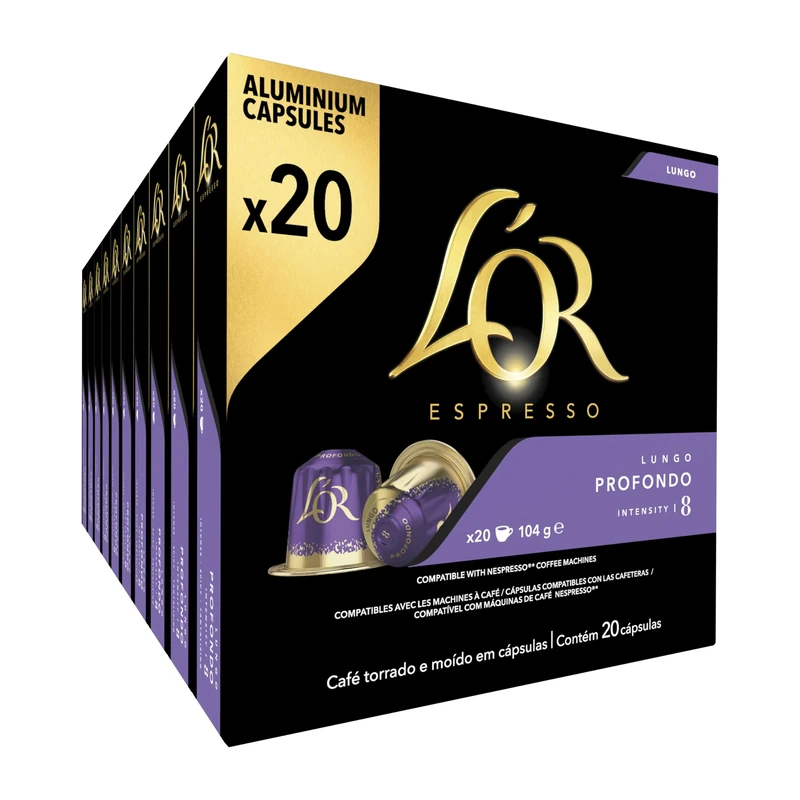 L'OR Espresso Lungo Profondo Coffee Pods x20 Intensity 8 (Pack of 10, Total 200 Capsules)