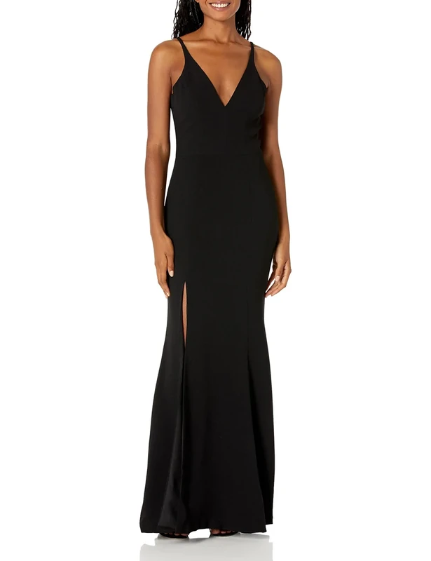 Dress the Population Women's Iris Spaghetti Strap Plunging Long Dress, Black, Large