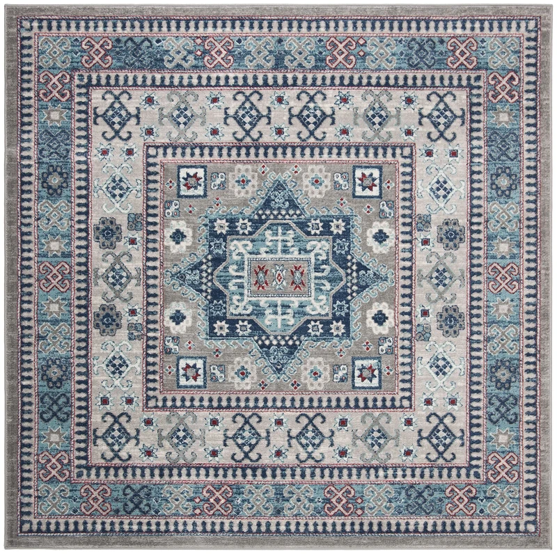 SAFAVIEH Tribal Inspired Rug for Living Room, Dining Room, Bedroom - Kazak Collection, Short Pile, in Grey and Blue, 201 X 201 cm