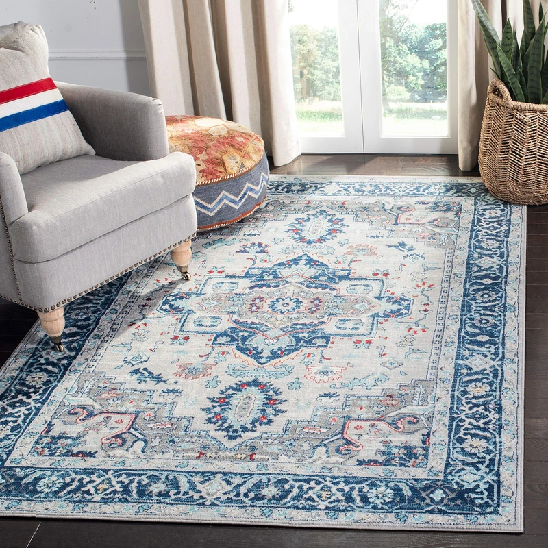 Safavieh Traditional Indoor Woven Rectangle Area Rug, Brentwood Collection, BNT811, in Light Grey / Blue, 122 X 183 cm for Living Room, Bedroom or Any Indoor Space
