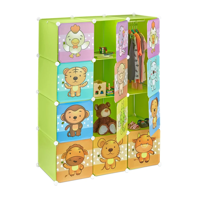 Relaxdays Children’s Modular Shelf, Cute Animal Prints, Plastic System, Doors, Wardrobe, Clothes Rails, Green