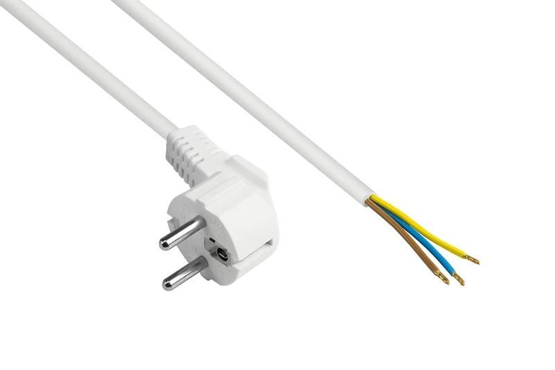 Good Connections P0185-W020 Power Cable, 2 m, Earthing Contact Plug Type E+F (CEE 7/7, Angled) to Stripped Ends, Power Cable for Assembly, 0.75 mm², White