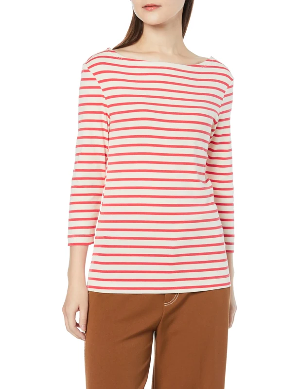 Amazon Essentials Women's Slim-Fit 3/4-Sleeve Boat-Neck T-Shirt, Ivory Red Stripes, M