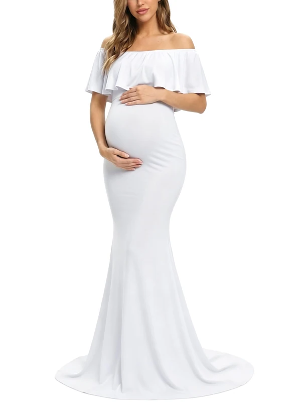 Glampunch Womens Off Shoulder Maternity Dress Ruffles Elegant Slim Gowns Fit Maxi Photography Dress, White, L