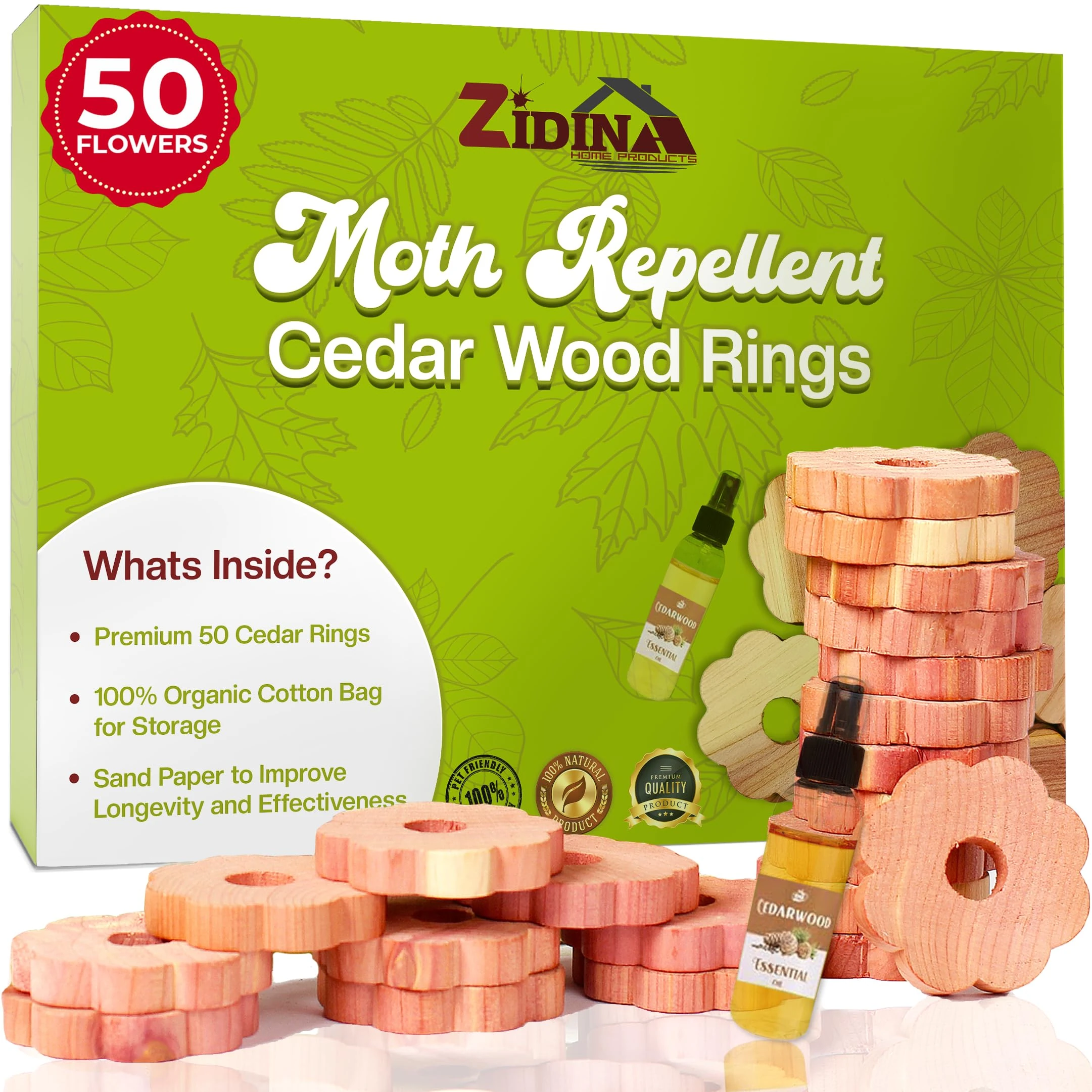 Zidina Moth Repellent for Wardrobes - 50 Rings - Natural Cedar Rings - Anti Moth Products Wardrobe - Moth Killer for Wardrobe - Moth Repellent for Clothes - Moth Balls with Sandpaper