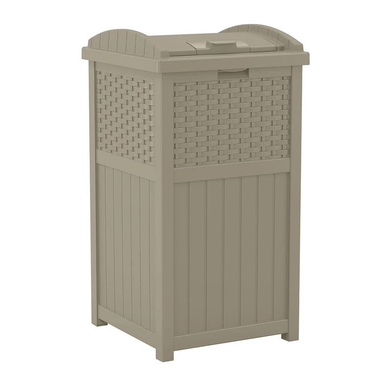 Suncast 33 Gallon Hideaway Trash Can for Patio - Resin Outdoor Trash with Lid - Use in Backyard, Deck, or Patio - Dark Taupe