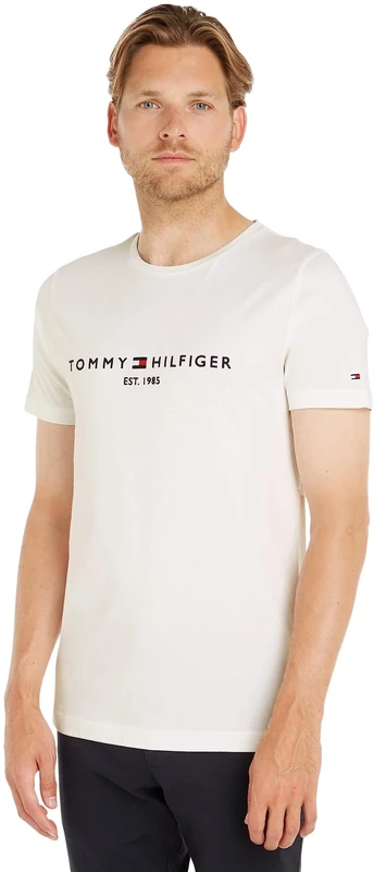 Tommy Hilfiger Men’s Short Sleeve Round Neck Core Tommy Logo T-Shirt, White (Snow White), XS