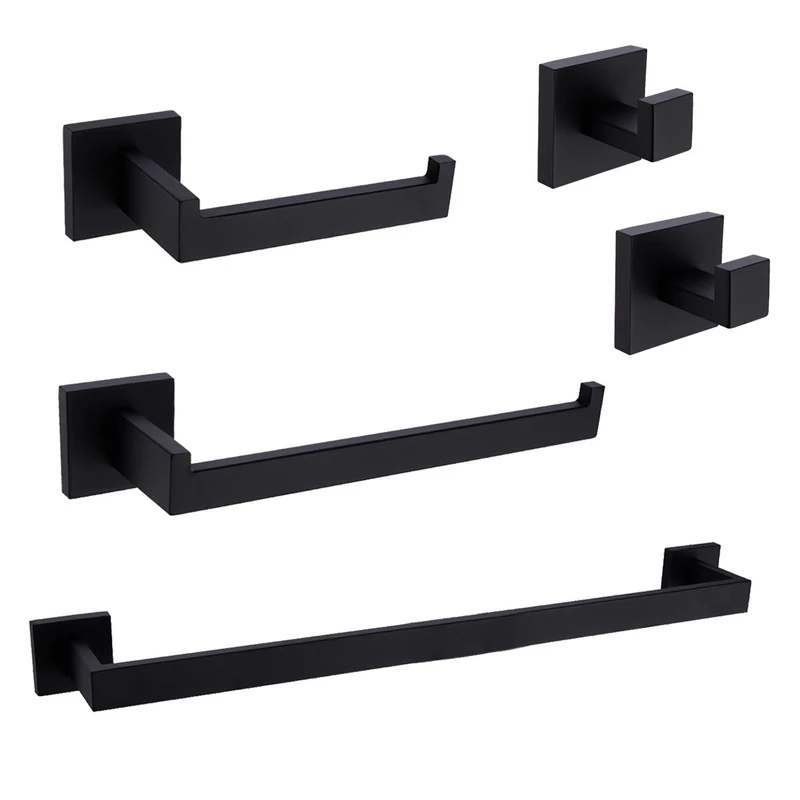 TRUSTMI Contemporary 5-Pieces Bathroom Hardware Set Towel Bar Towel Hook Toilet Paper Holder Tower Holder, SUS 304 Stainless Steel Wall Mount,Matte Black