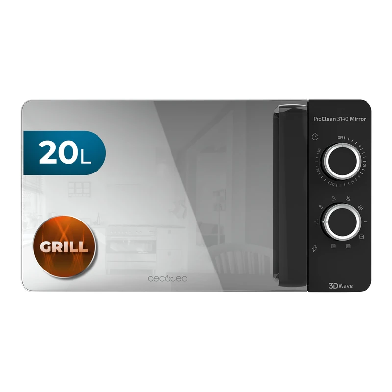 Cecotec ProClean 3140 Mirror Microwave Grill 20 L Capacity Ready2Clean Coating 700W Power Grill 800W 6 Levels 30 Minute Timer Defrost Mode Black Finish