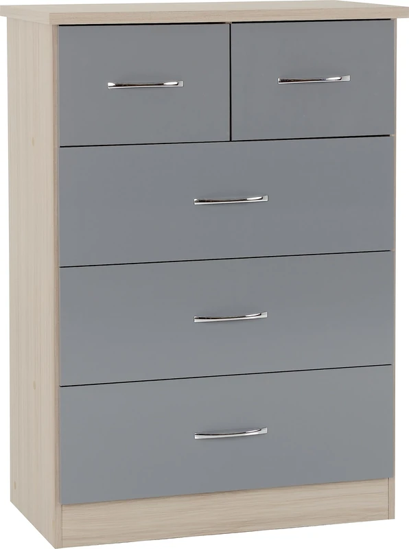 Kelsey Stores Nevada 3 Plus 2 Chest Of Drawers 5 Drawer Chest (Grey Gloss/Light Oak Effect Veneer)
