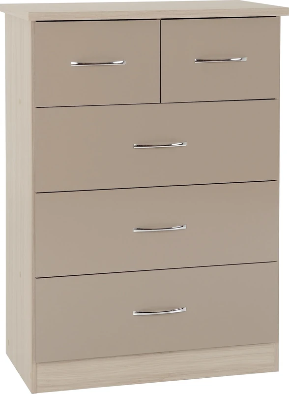 Seconique Nevada 3+2 Drawer Chest in Oyster Gloss/Light Oak Effect Veneer