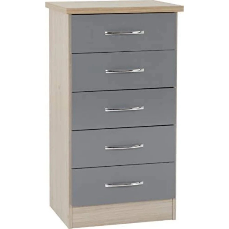 Kelsey Stores Nevada Chest Of Drawers 5 Drawer Narrow Chest With Metal Handles Storage Unit (Grey Gloss/Light Oak Effect Veneer)