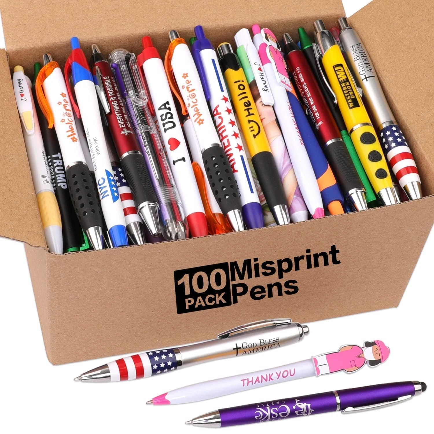 Sikao Wholesale Lot of 100 Misprint Pens Bulk, Assorted Ballpoint Pens Smooth Writing, Blue and Black ink Random Pens for Waitress Office School