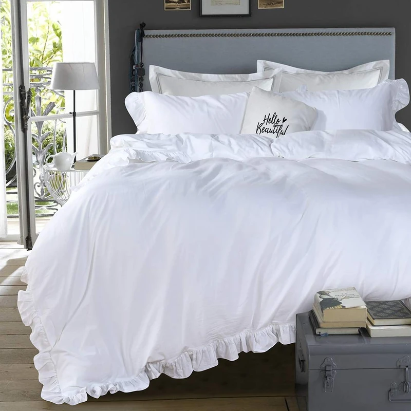 QSH White Ruffle Duvet Cover Queen Washed Cotton Farmhouse Shabby Boho Chic Bedding Comforter Quilt Cover 3 Pieces Vintage Aesthetic French Country Queen Bed Set Extra Soft Breathable