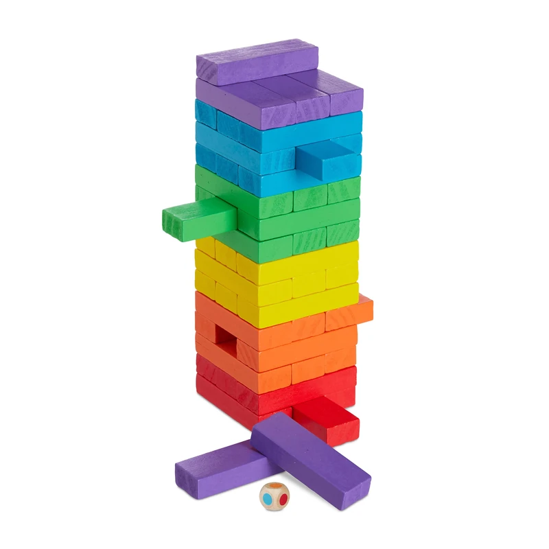 Relaxdays Wooden Stacking Tower - 48 Color Bricks & Dice Game