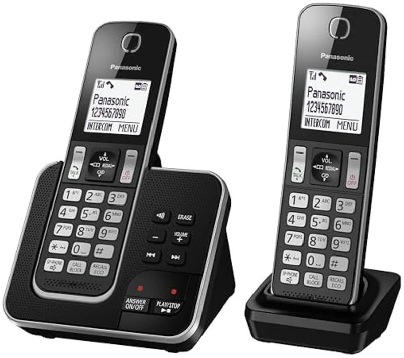 Panasonic KX-TGD622 Cordless Home Phone with dedicated call block key for easy call block registration and Digital Answering Machine – Black and Silver (Pack of 2)