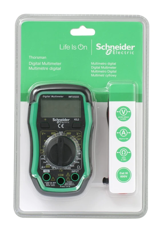 Schneider Electric Thorsman Digital Multimeter with LCD Display, Illuminated, Category 3, 600V, Battery 9V, Green, Part Number IMT23222