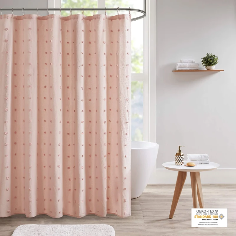 URBAN HABITAT UH70-2242 Brooklyn Cotton Fabric Shower Curtain Jacquard Pom Machine Washable Shabby Chic Modern Home Bathroom Décor Bathtub Privacy Screen, 70" x 72", Pink