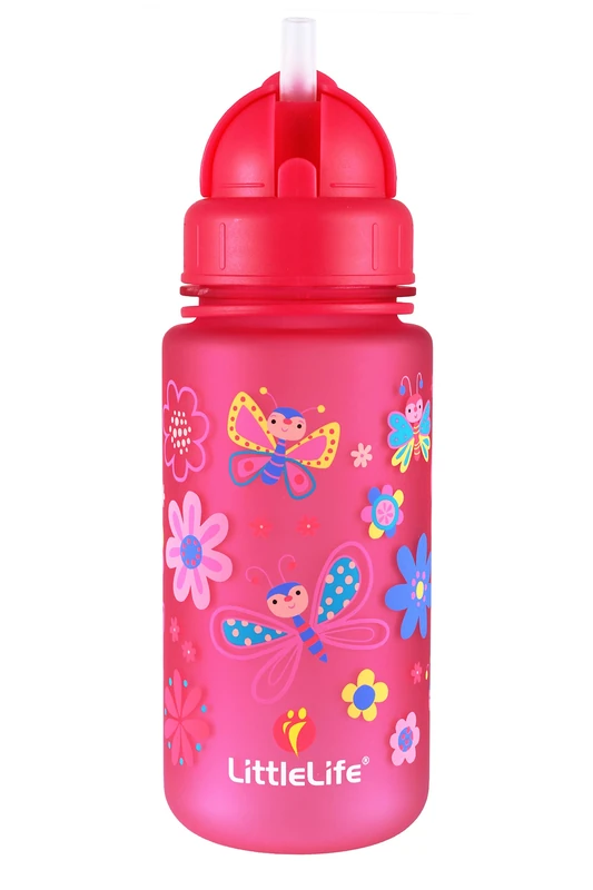 LittleLife Children's Water Bottle With Easy-Access Lid & Straw, 400ml, Pink Butterflies