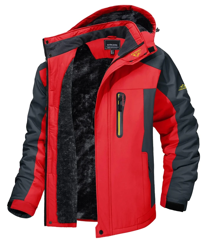 MAGCOMSEN Warm Jacket Men Winter Ski Jackets Waterproof Mountain Jacket Thermal Fleece Windproof Jacket Multi-Pockets Red