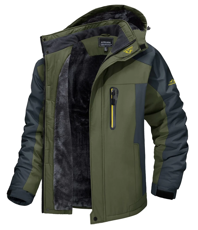Fleece Jackets Mens Full Zip Warm Jacket Winter Ski Jackets Mens Waterproof Hiking Jackets Windproof Mountain Coat Green