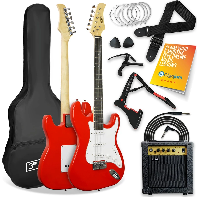 3rd Avenue XF Full Size 4/4 Electric Guitar Ultimate Kit with 10W Amp, Cable, Stand, Gig Bag, Strap, Spare Strings, Picks, Capo – Red