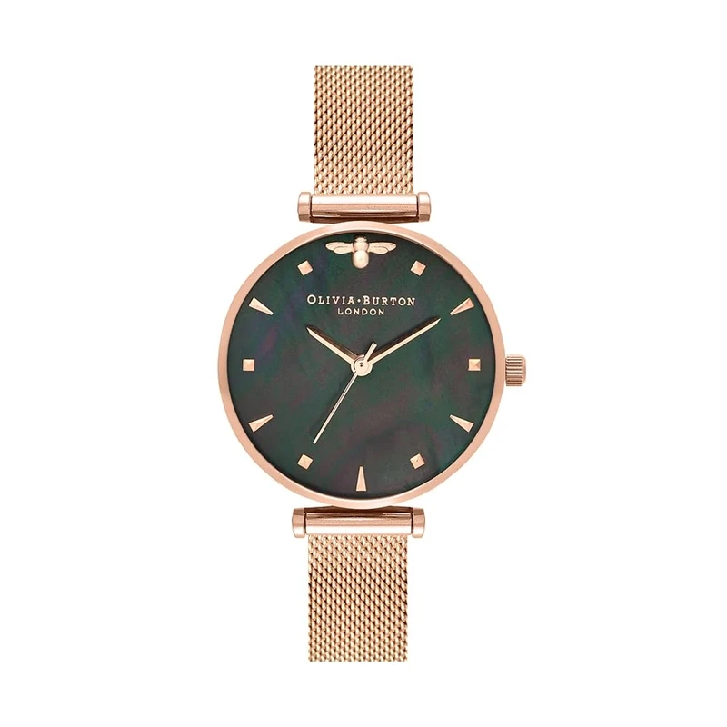 Olivia Burton Analogue Quartz Watch for Women Queen BEE Collection with Rose Gold Colored Stainless Steel Mesh Bracelet - OB16AM145