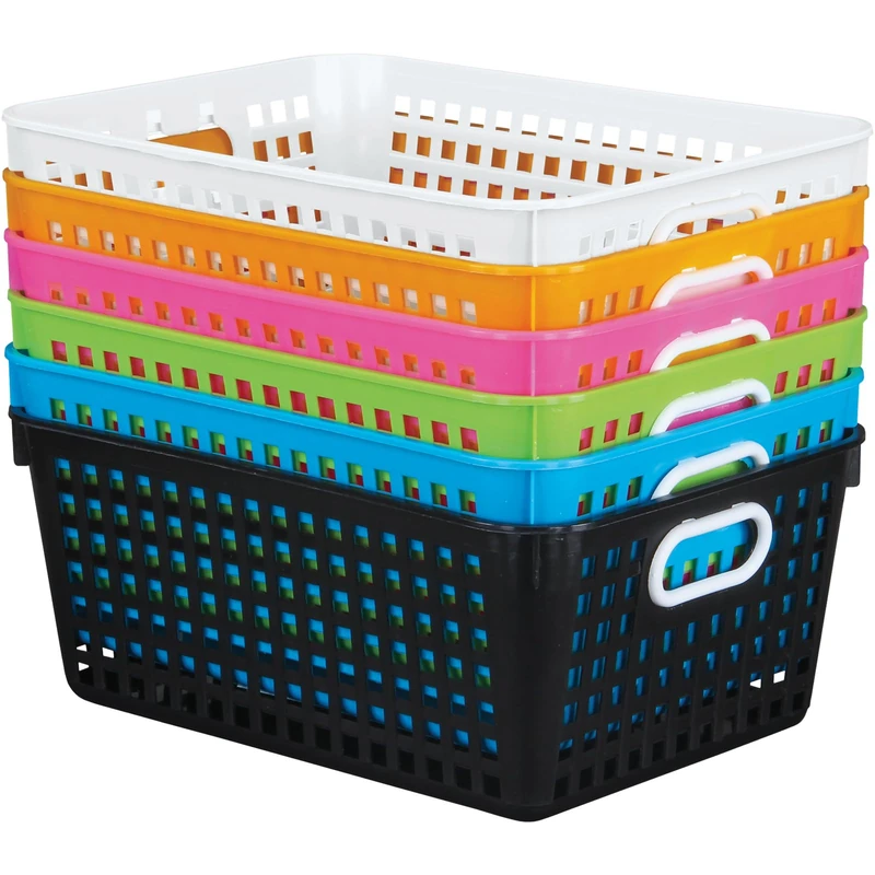 Really Good Stuff Plastic Storage Baskets for Classroom or Home Use – Stackable Mesh Plastic Baskets With Grip Handles – Bright Neon Colors – 13" x 10" (Set of 6)