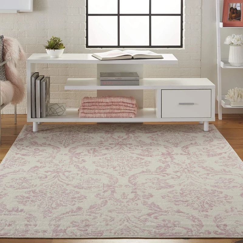 NOURISON Jubilant Farmhouse Damask Ivory/Pink 5' x 7' Area Rug 5'3" x 7'3"