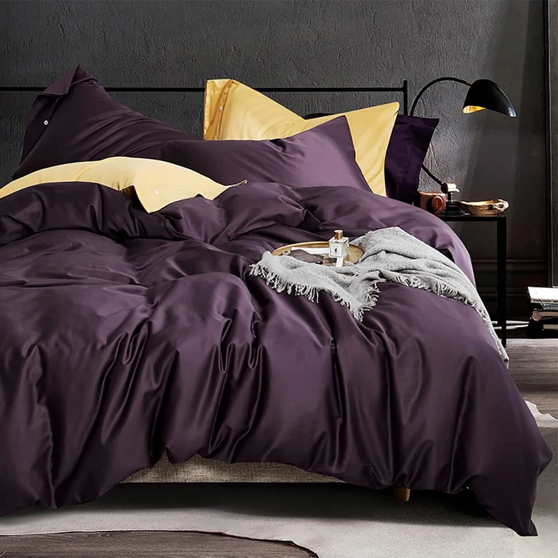 EAVD Modern Style Dark Purple Duvet Cover King - Soft 100% Long Staple Cotton Reversible Bedding With 2 Button Pillowcases, Luxury Solid Color Comforter Set With Zipper Closure