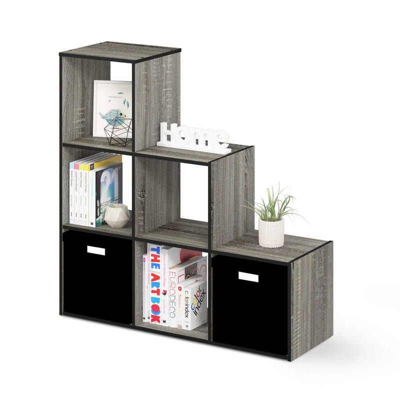 Furinno PELLI Book Shelf, 3-2-1 Bookshelf, Cube Storage Organizer Cabinet, 11.8 x 36 x 35.6, for Living Room, Bedroom, Home Office, French Oak/Black