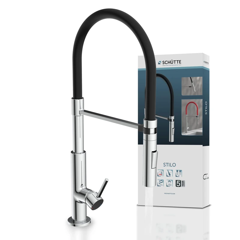 SCHÜTTE STILO 79180 Kitchen Tap with Pull-Out Shower 360 Degree Swivel Tap for Kitchen Sink Mixer Tap Chrome/Black