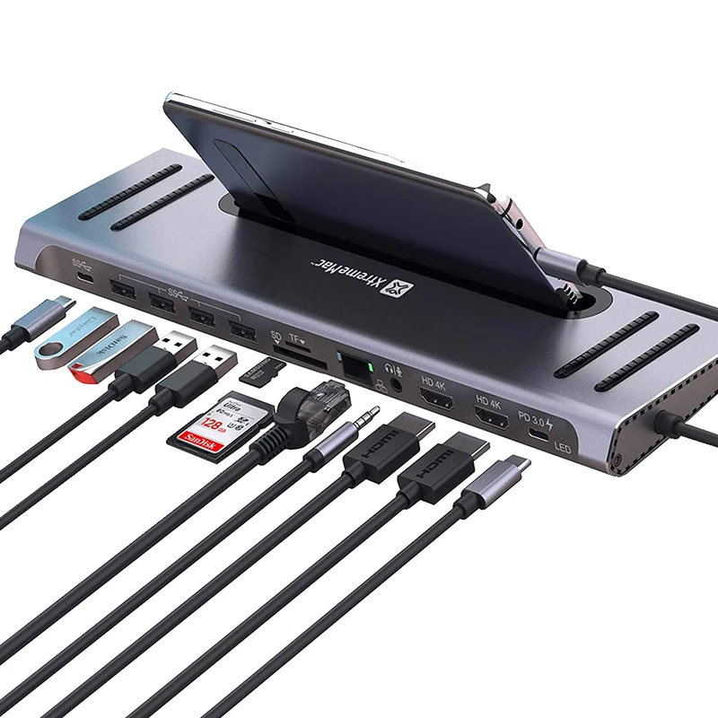 XtremeMac 12 in 1 USB C hub adapter, Type C laptop docking station with Ethernet, 4x USB 3.0, 2* USB-C power supply, 2x 4K HDMI, audio mic port, SD/TF card reader for MacBook Pro Air and others