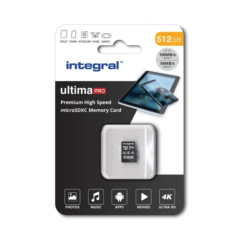 Integral 512GB microSD Card Premium High Speed 4K Video Memory Card - up to 100MB/s Read and 50MB/s Write, UHS-I, U3, Class 10, A1 App Performance - for smartphones, tablets, drones, game consoles