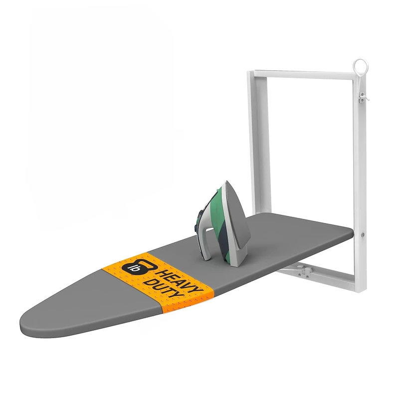 Xabitat Wall Mounted Ironing Board - Compact Mount Fold Down Ironing Board for Small Spaces - Space Saving with Cotton Fabric Cover - White and Grey