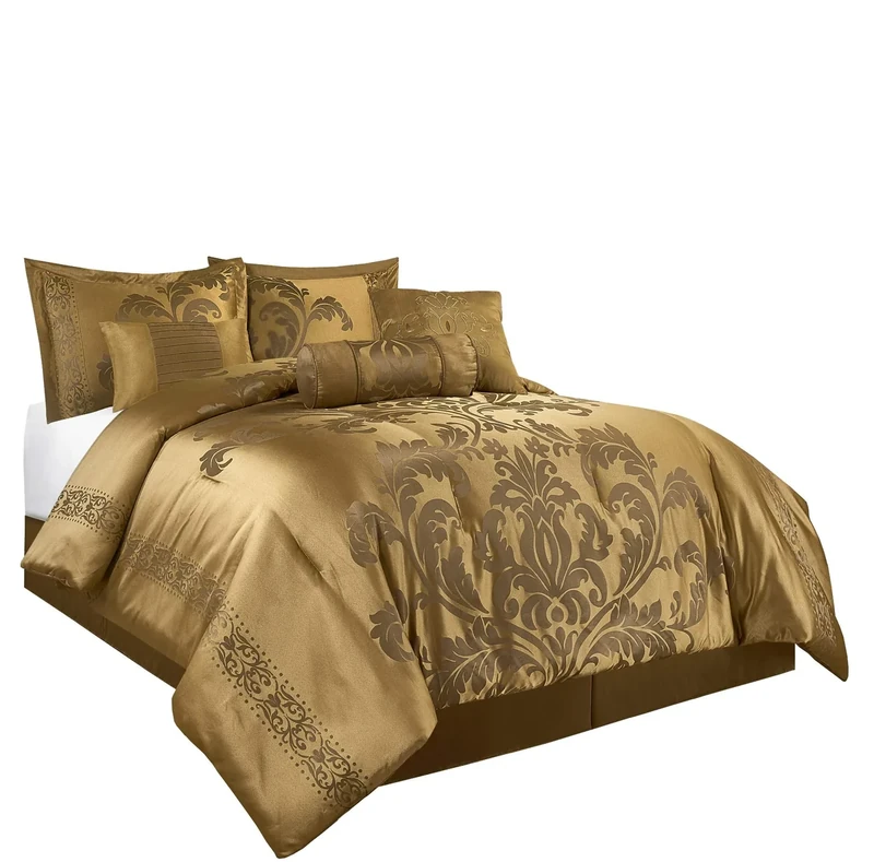 Chezmoi Collection 7-Piece Jacquard Floral Comforter Set (King, Gold), Polyester Blend