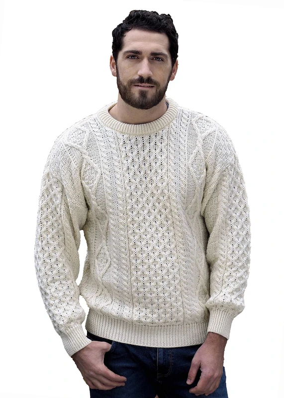 Aran Crafts Irish Soft Cable Knitted Wool Crew Neck Unisex Sweater (C1347-MED-ECR) Ecru